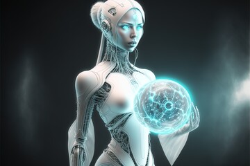 humanoid robot using digital sphere connection hologram 3D rendering, AI ART