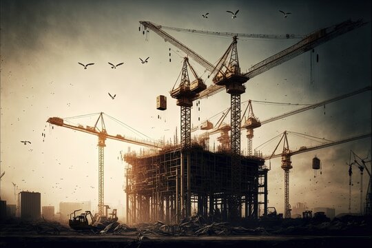 Tower cranes at a large construction site, ai gen