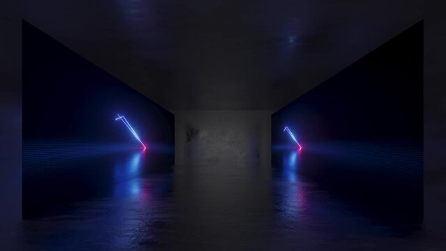 3d animation, 4k abstract background. Black empty room with two digital screens showing looped video with neon geometric lines. Animated technological wallpaper