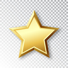Five-pointed golden star on a transparent background. Realistic golden star with shadow, design element.