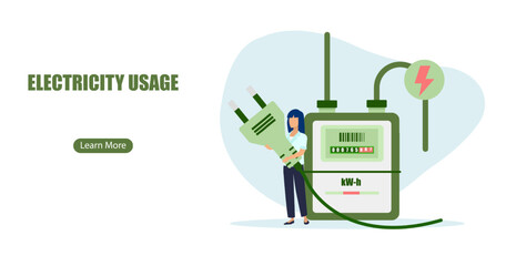 Vector of a woman unplugging household appliances to reduce energy consumption at home.