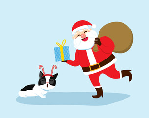 Vector Illustration of happy Santa Claus giving present to cat. Male disguised for Christmas holiday offering wrapped box to pet