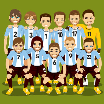Illustration of male professional soccer players Argentinian team in blue and white stripes uniform