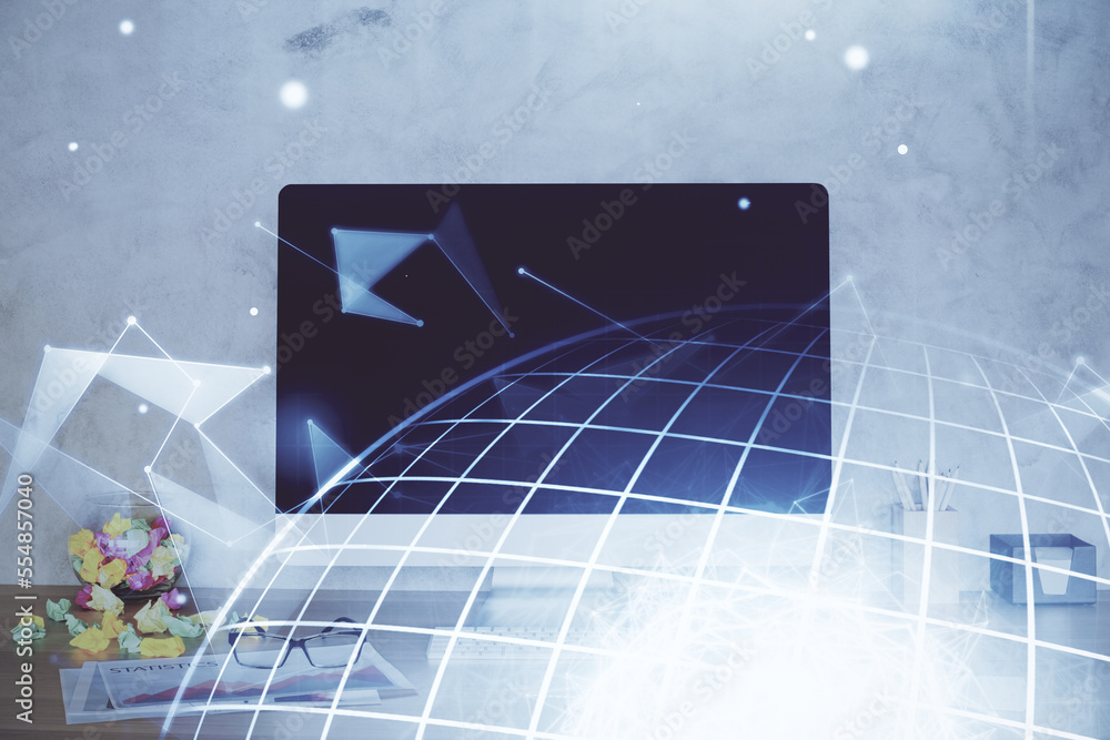 Poster Double exposure of desktop with computer and world map hologram. International data network concept.