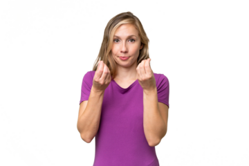Young blonde woman over isolated background making money gesture but is ruined