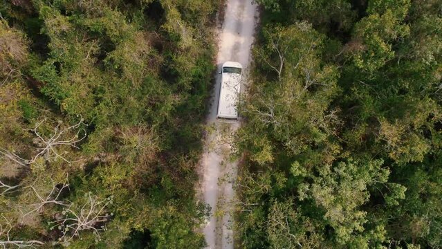Mini van driving on a sand road through the forest of Tulum, Mexico top down aerial view.