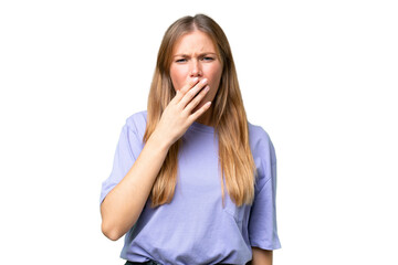 Young beautiful woman over isolated background yawning and covering wide open mouth with hand