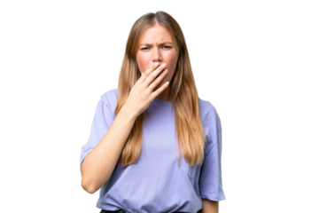 Young beautiful woman over isolated background yawning and covering wide open mouth with hand