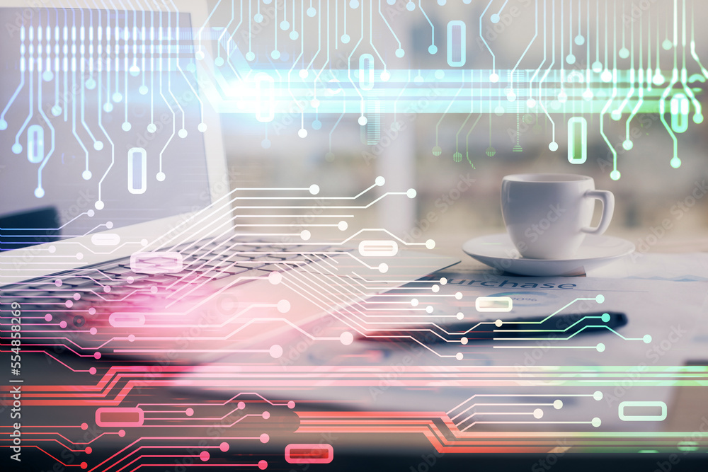 Poster Double exposure of table with computer on background and data theme hologram. Data technology concept.