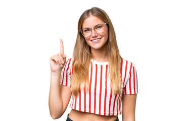 Young beautiful woman over isolated background showing and lifting a finger in sign of the best