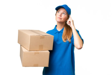 Delivery caucasian woman over isolated background having doubts and thinking