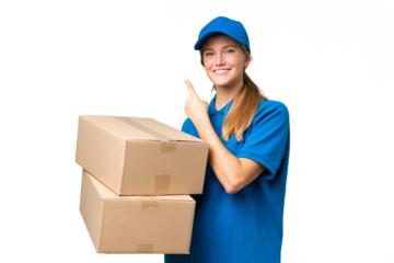Delivery caucasian woman over isolated background pointing to the side to present a product