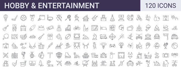 Set of 120 hobby, entertainment, lifestyle line icons. Collection of thin outline icons.Vector illustration. Editable stroke - obrazy, fototapety, plakaty