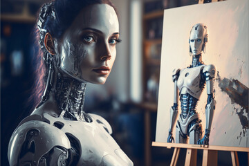 Artificial Inteligence, humaniod robot creating images, futuristic concept, created with Generative AI technology.