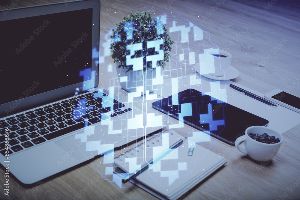 Poster double exposure of table with computer on background and data theme drawing. concept of innovation.