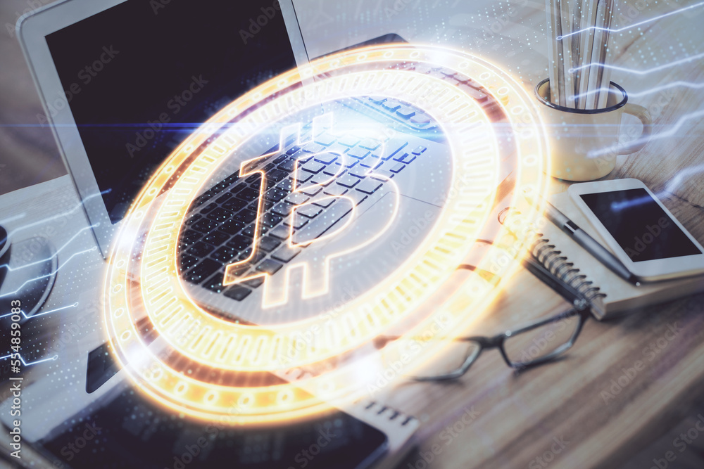 Poster Double exposure of blockchain and crypto economy theme hologram and table with computer background. Concept of bitcoin cryptocurrency.