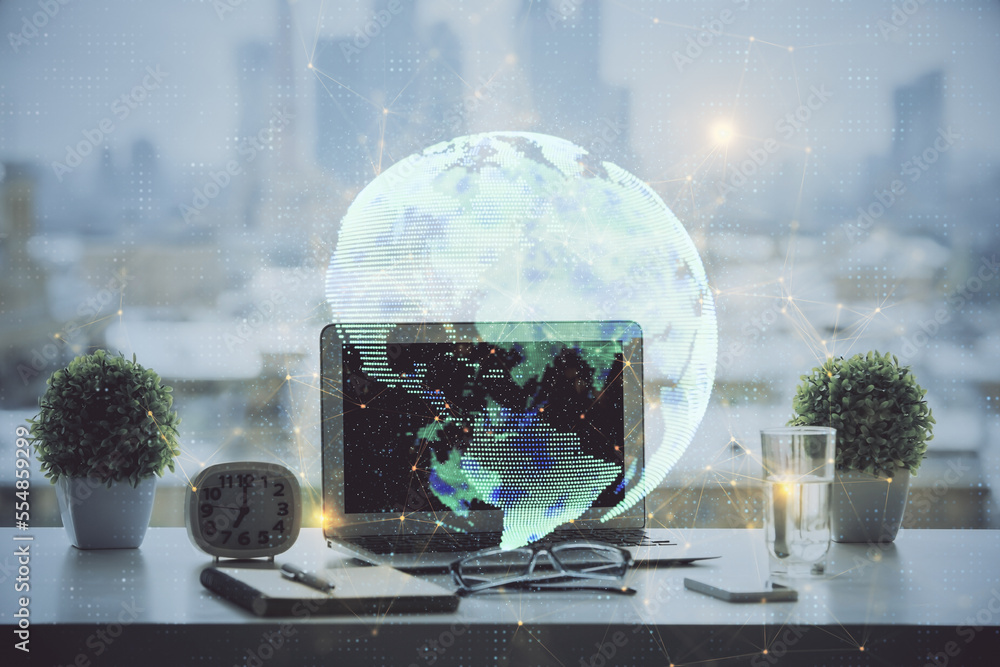 Poster computer on desktop with social network hologram. double exposure. concept of international people c