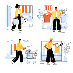 People shopping concept set in flat line design. Men and women make purchases, choose new clothes in boutiques and buy groceries in supermarket. Illustration with outline colorful web scenes