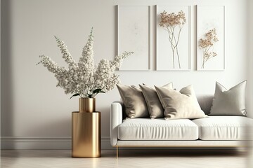 modern living room with sofa, white blank frame mockup interior photo