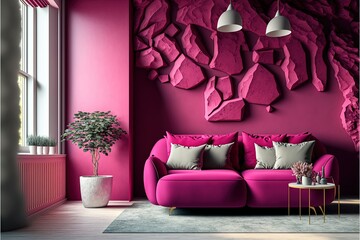Living room in trend viva magenta color 2023 year. A bright sofa accent. Plaster microcement wall background. Crimson, burgundy, tones of room interior design