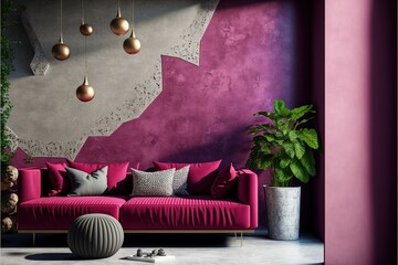 Living room in trend viva magenta color 2023 year. A bright sofa accent. Plaster microcement wall background. Crimson, burgundy, tones of room interior design - obrazy, fototapety, plakaty