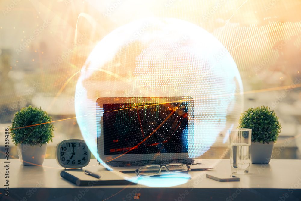 Poster double exposure of business theme icons and work space with computer background. concept of success.
