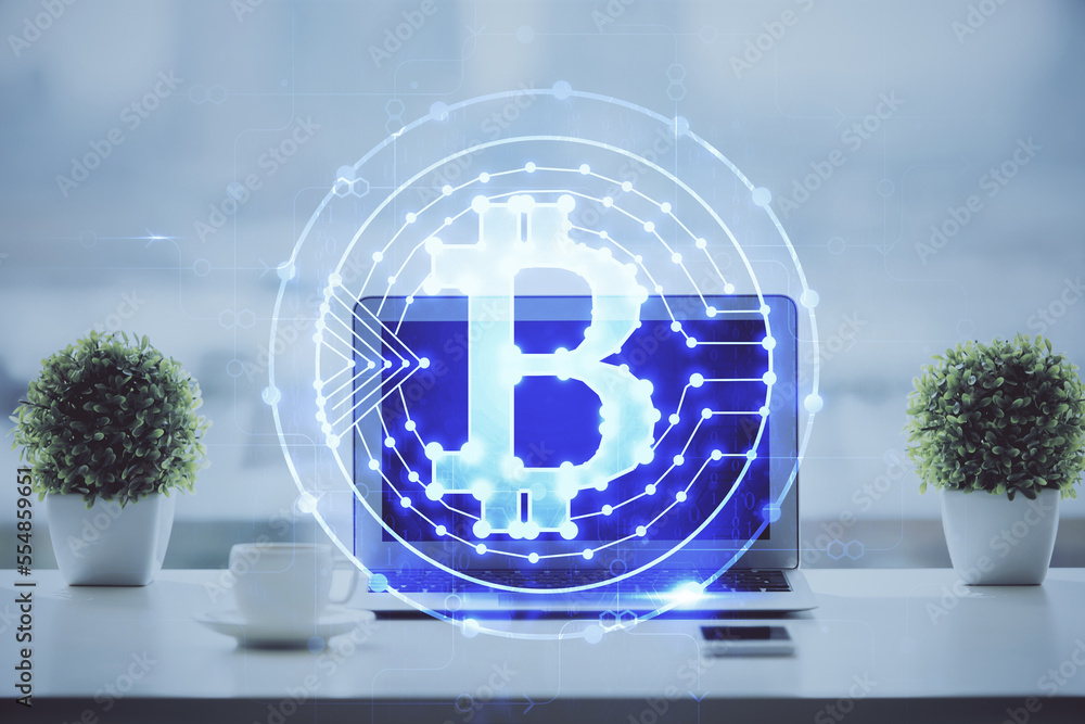Aufkleber Double exposure of blockchain and crypto economy theme hologram and table with computer background. Concept of bitcoin cryptocurrency.