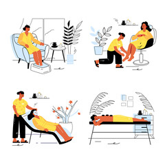 Spa salon concept set in flat line design. Men and women relaxing and receive massage, facial and body skin care treatments in beauty salon. Illustration with outline colorful web scenes