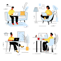 Freelance working concept set in flat line design. Men and women work remotely using laptops and computers, doing tasks online at home offices. Illustration with outline colorful web scenes