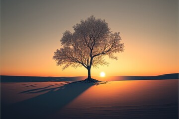 Fototapeta na wymiar a lonely tree without leaves in the snow, beautiful winter sunrise, ai gen