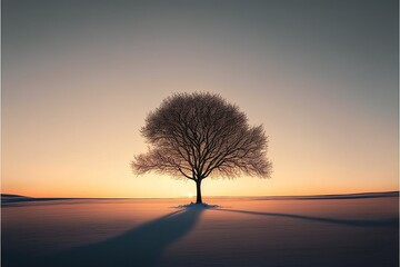 a lonely tree without leaves in the snow, beautiful winter sunrise, ai gen
