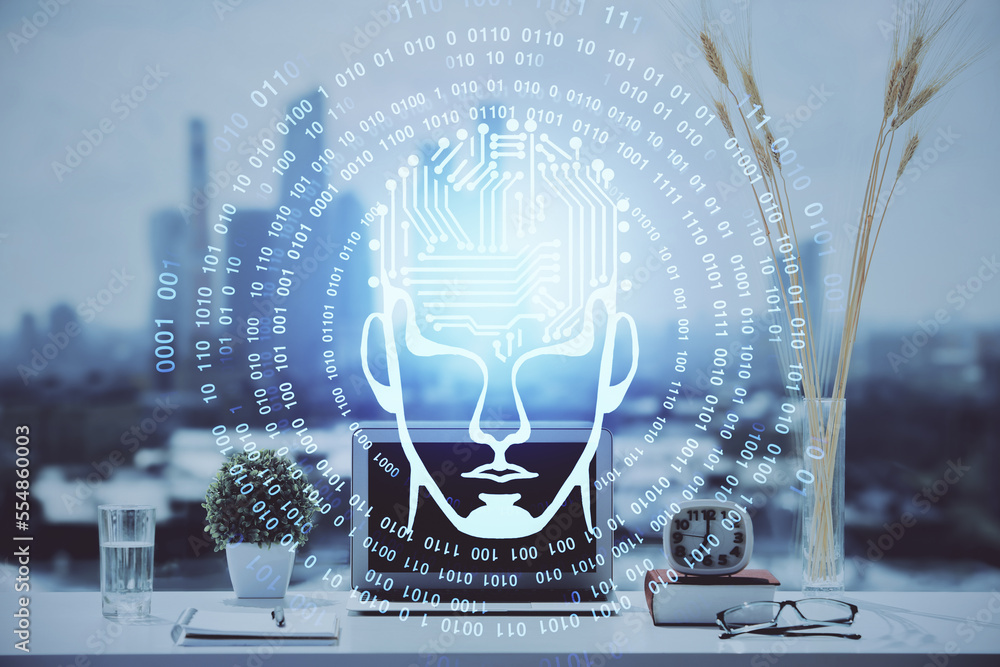 Poster Double exposure of desktop with computer and brain drawing hologram. Artificial intelligence concept.