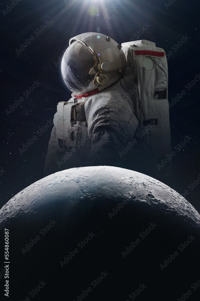 Aufkleber astronaut and moon. artemis space mission. creative collage with spaceman and planet. flight to moon
