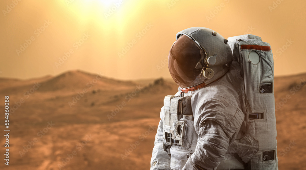 Poster Astronaut on Mars. Martian expedition. Spaceman on red planet. Elements of this image furnished by NASA