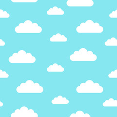 White cartoon clouds on light blue background seamless pattern