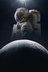 Astronaut and Moon. Artemis space mission. Creative collage with spaceman and planet. Flight to Moon. Elements of this image furnished by NASA