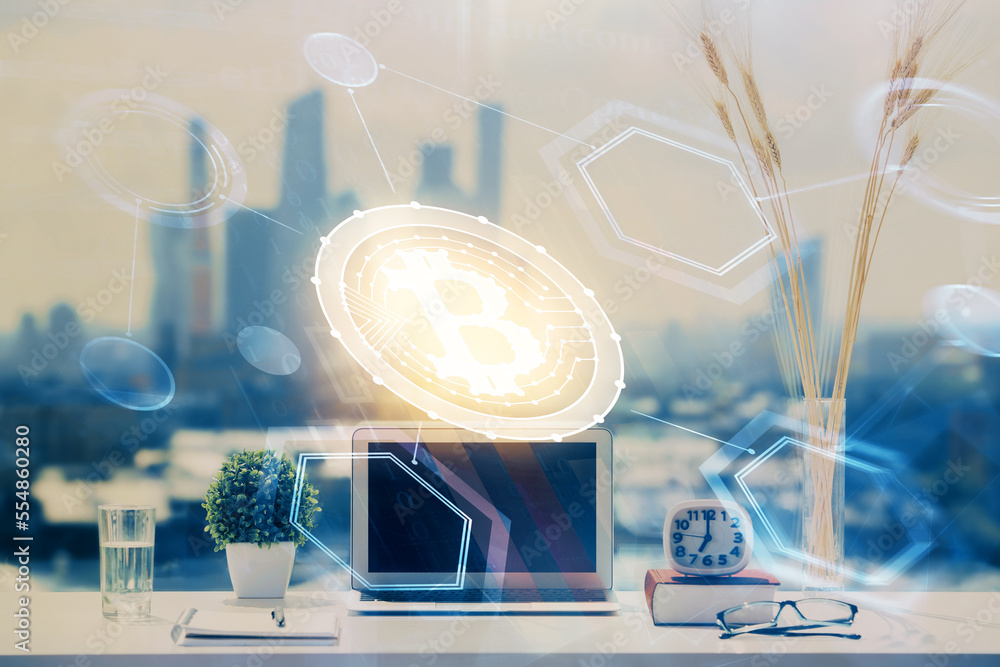 Aufkleber Double exposure of blockchain and crypto economy theme hologram and table with computer background. Concept of bitcoin cryptocurrency.