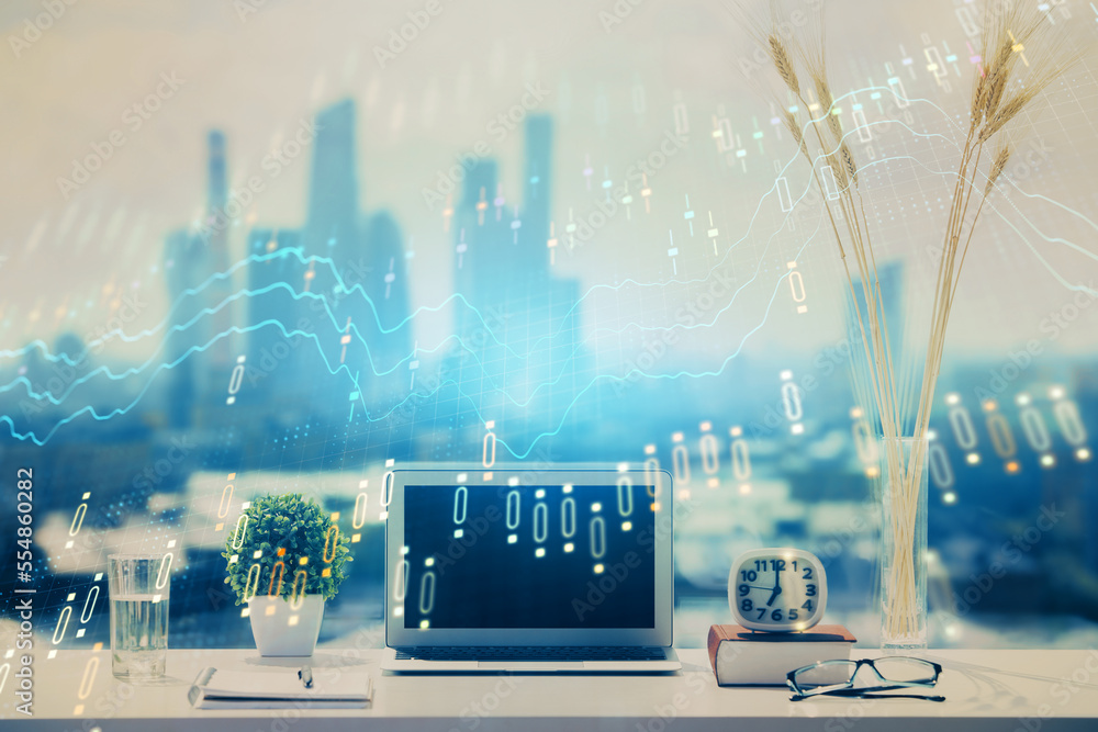 Aufkleber stock market graph on background with desk and personal computer. double exposure. concept of financ