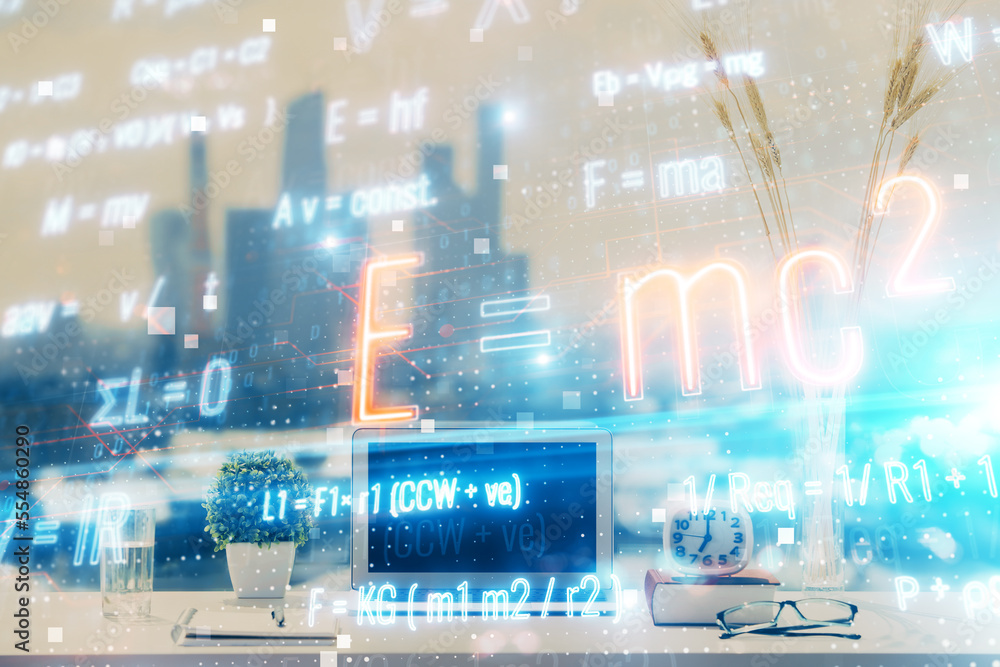 Poster desktop computer background and formula hologram writing. double exposure. education concept.