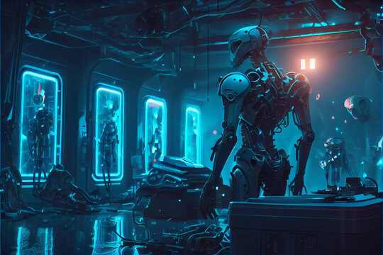 Robot engineering in factory for generating new artificial inteligence. Futuristic concept.