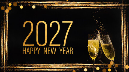 2027 Happy New Year holiday Greeting Card banner - Frame made of golden glitter stripes, bokeh...