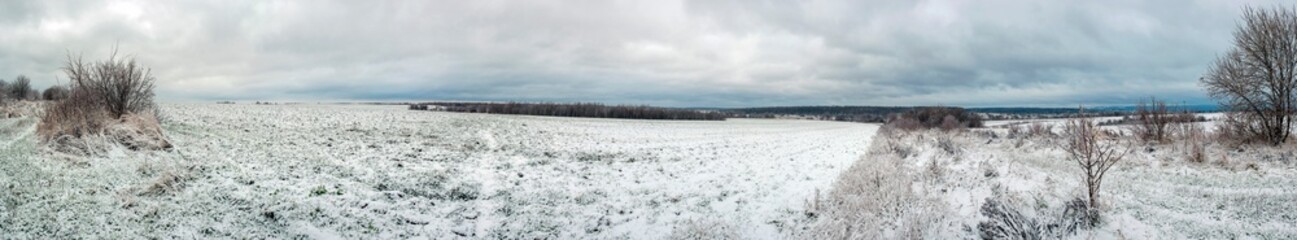A panorama of a snow-covered field, providing humanity with food products. Agricultural crops under the snow