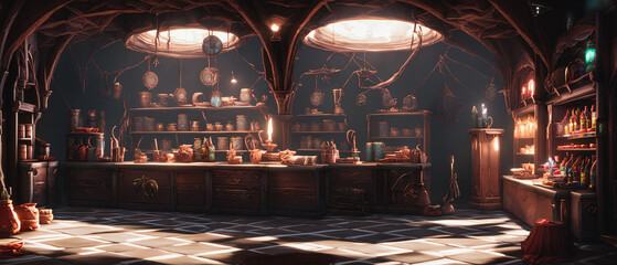 Painting of a vintage alchemy store, fairy tale interior. Generative AI - obrazy, fototapety, plakaty