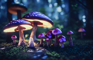 Fabulous mystical mushrooms, Magical mushrooms in the forest. Generative AI