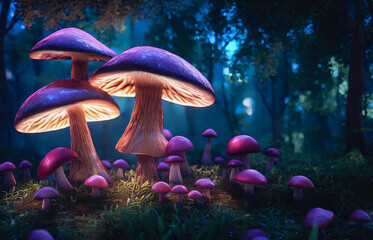 Fabulous mystical mushrooms, Magical mushrooms in the forest. Generative AI