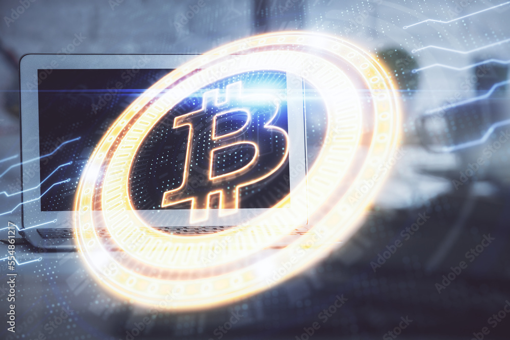 Poster multi exposure of blockchain and crypto economy theme hologram and table with computer background. c