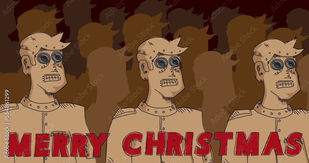 Poster robot army with merry christmas text. line art animated video. future robotics cartoon animation.