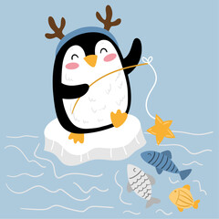 Illustration of a penguin with a reindeer headband fishing on a piece of ice