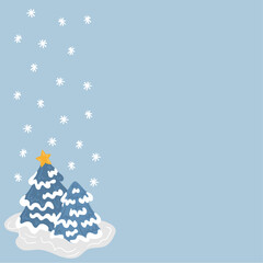 Illustrate some snowy blue fir trees as a side border with snowflakes, with a gold star on one of them and under the snow.