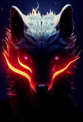 Burning wolf head with scary eyes ,made with Generative AI